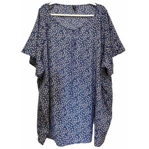 Bloomchic 30 Tunic Top Blue White Floral S/S Flare Sleeves‎ Boho Comfy EUC
